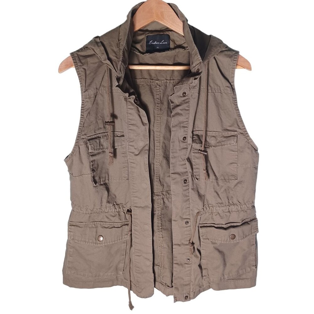 Womens Cargo Hooded Sleeveless Vest Jacket Size X Large Green Gorpcore Outdoor